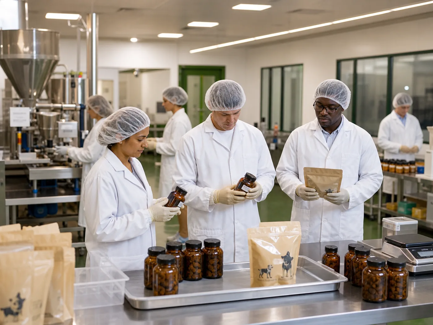 Quality team inspecting private-label pet supplement packaging during production